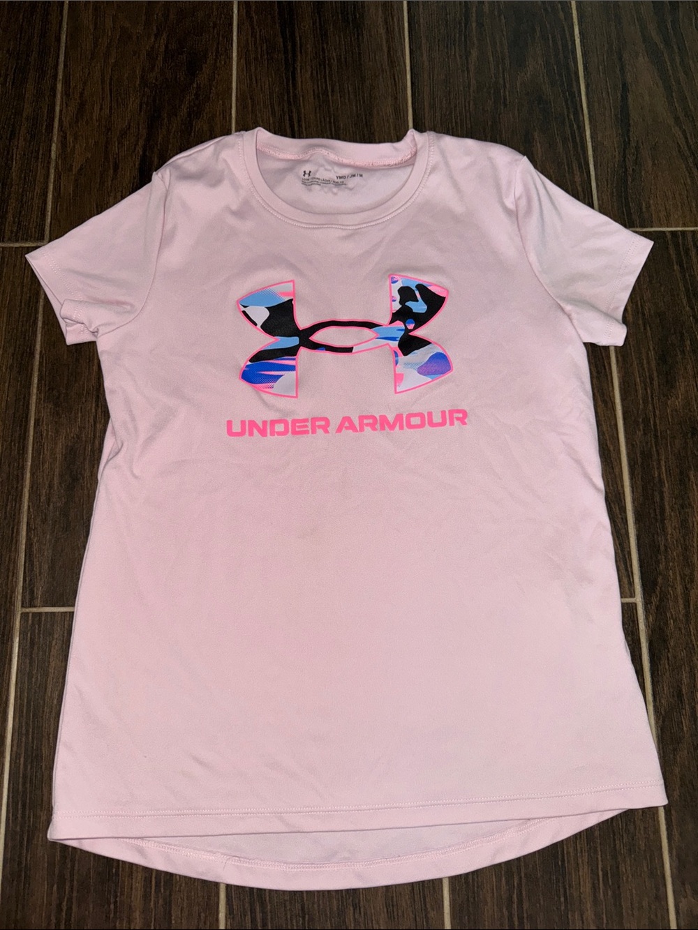 Girls Medium: Under Armour Light Pink Tee with Multicolor Camo Logo